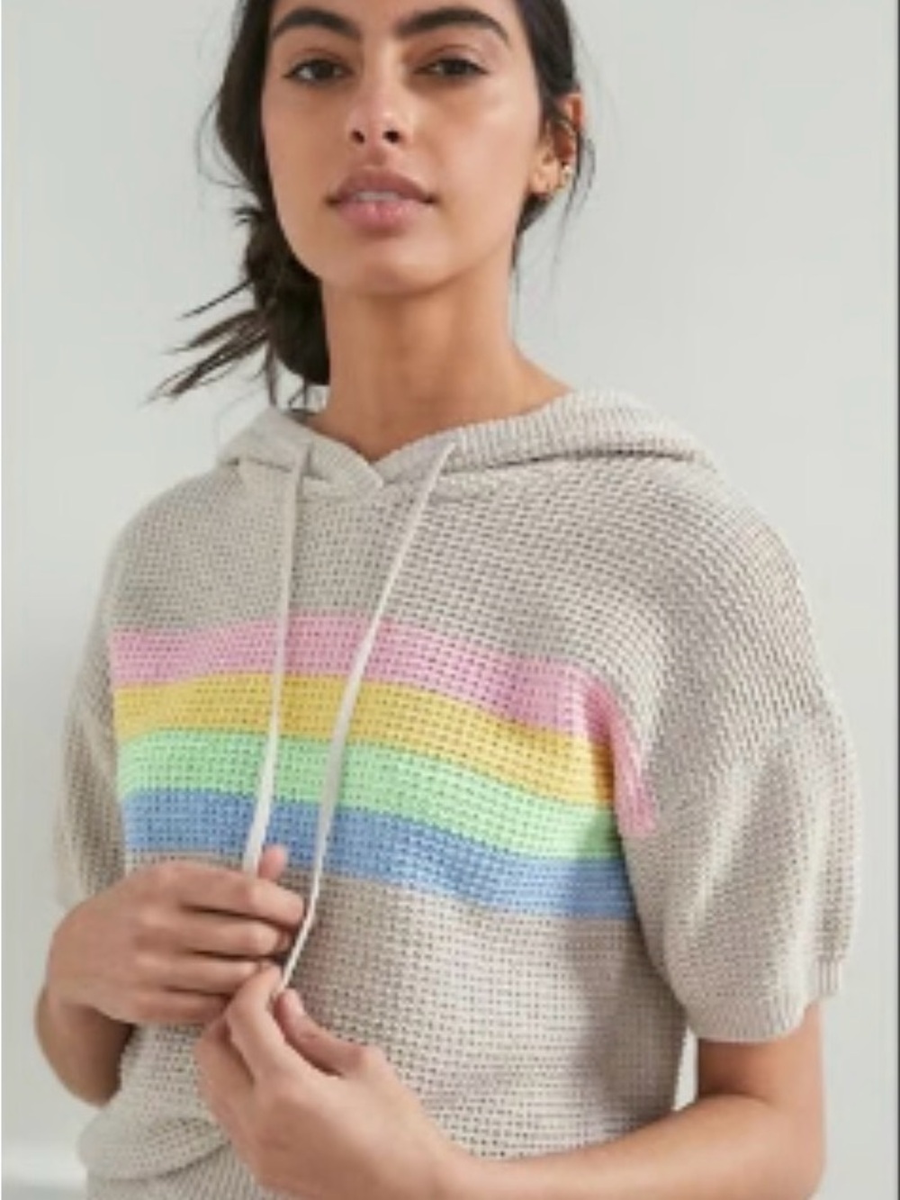 Saturday Sunday Avignon Rainbow Knit Hooded Short Sleeve Top in Oatmeal XS GUC!